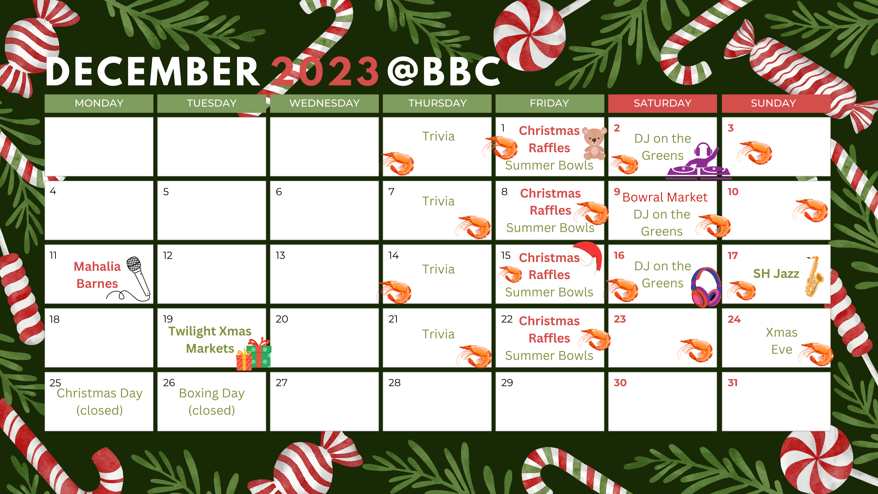 Red Green Festive Illustrated Holiday Candy December 2023 Monthly Calendar-2  - BOWRAL BOWLING CLUB